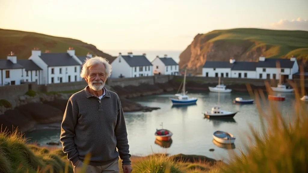 Panoramic view of Ballycotton village nestled in coastal inlet with colorful fishing boats, white stone houses, and ocean stretching to horizon