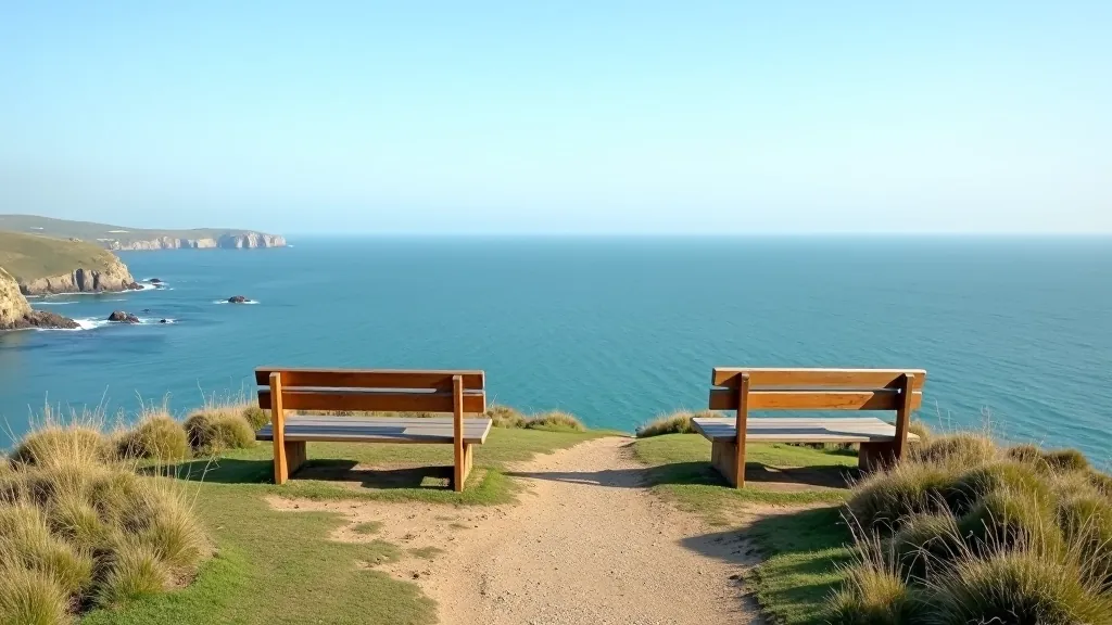 Scenic coastal viewpoint with benches overlooking cliffs and ocean