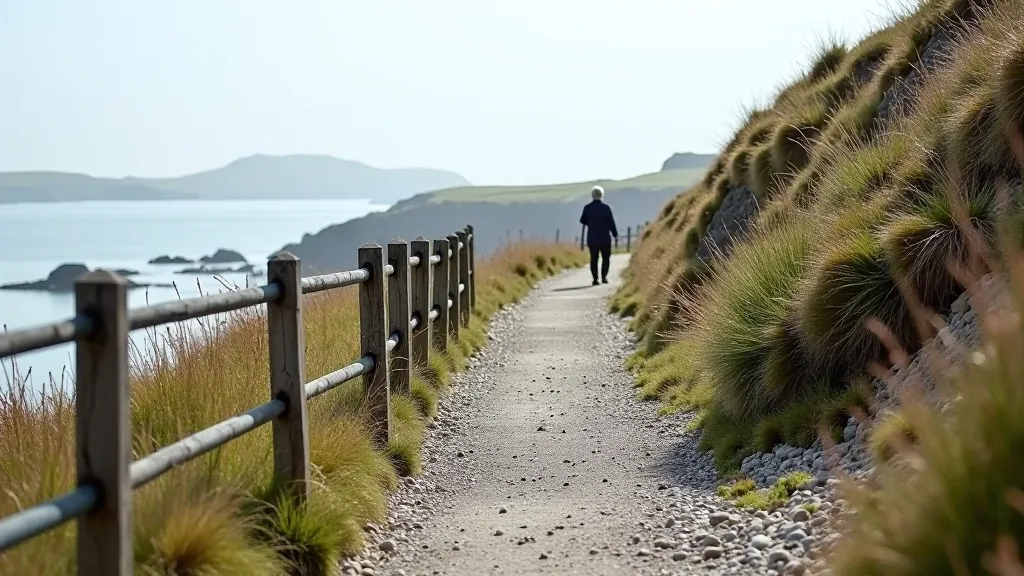 Rocky coastal pathway with handrails overlooking Owenaglough estuary and saltmarsh
