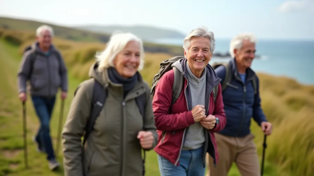 A diverse group of older adults enjoying a guided coastal walk together