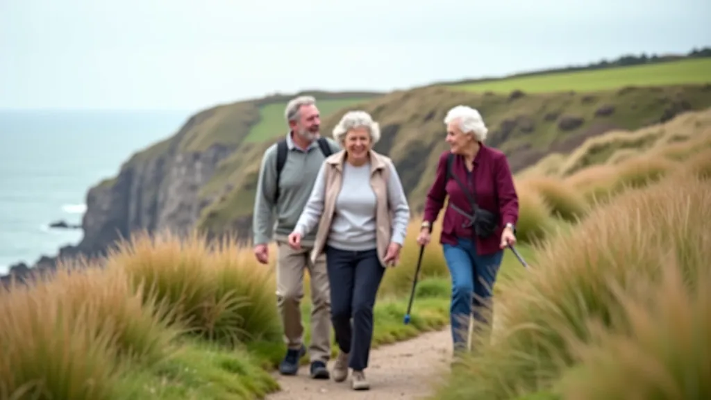 Group of older adults walking together on a coastal path with smiling faces