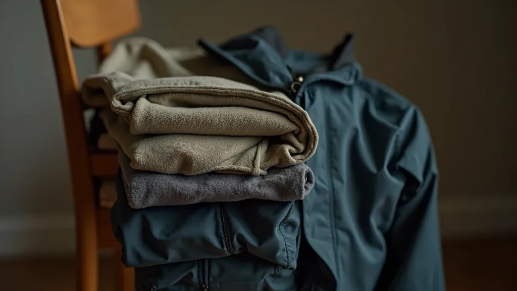 Layered clothing system displayed showing moisture-wicking base layer, insulating mid-layer, and waterproof outer jacket arranged on chair