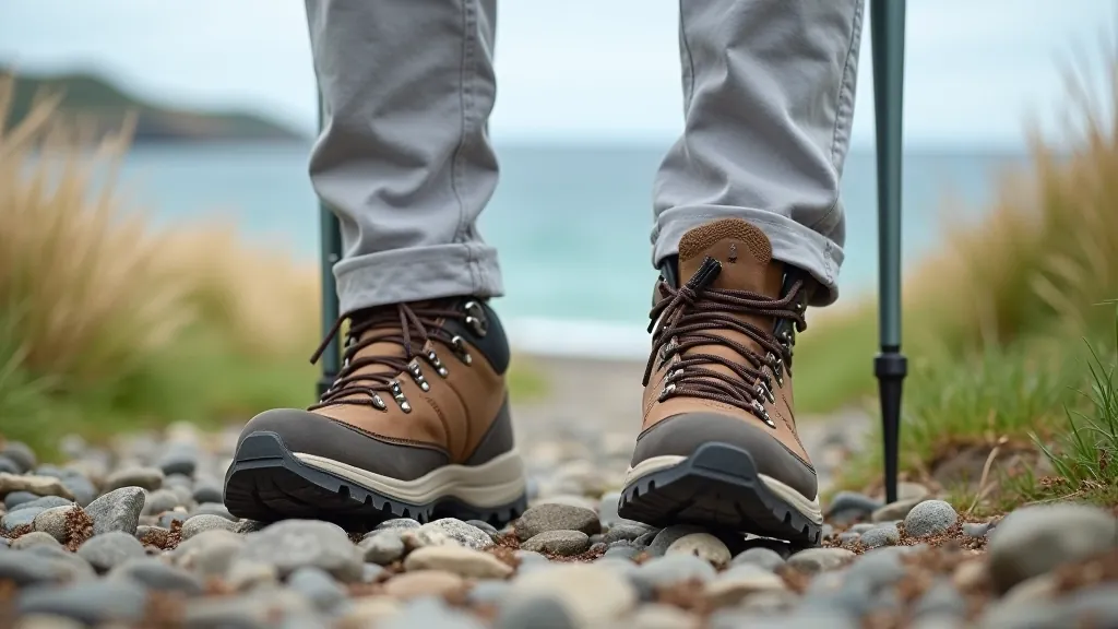 Close-up of walking boots and hiking poles on rocky coastal trail