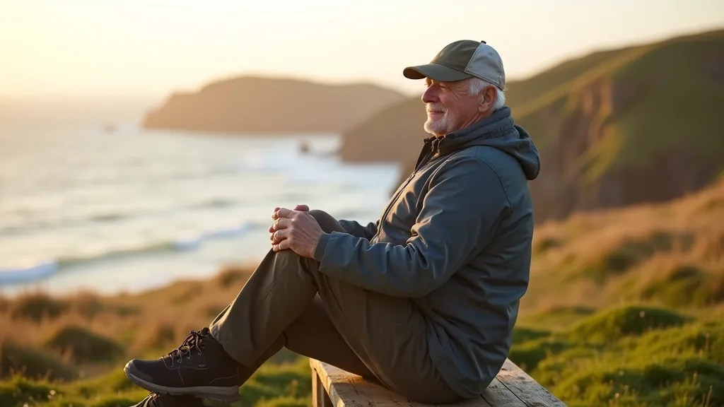 Senior adult performing proper post-hike hamstring and calf stretches while sitting on bench with scenic coastal view behind