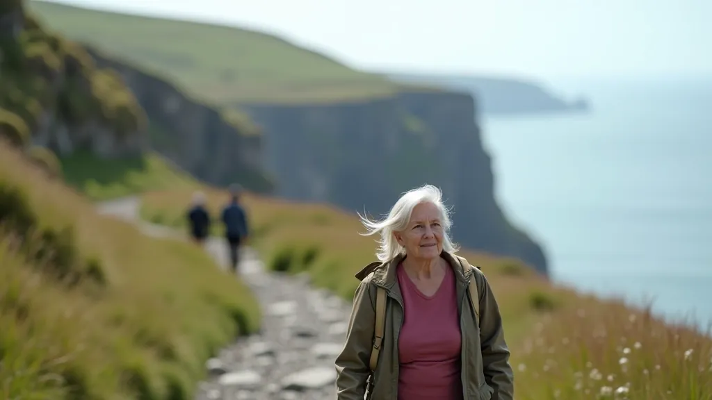 Mature hiker with correct posture walking on rocky coastal trail with proper footwork and body alignment