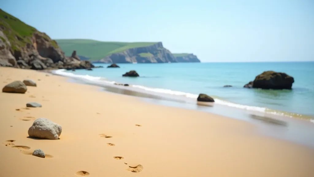 Expansive sandy beach with rock formations and coastal cliffs in distance